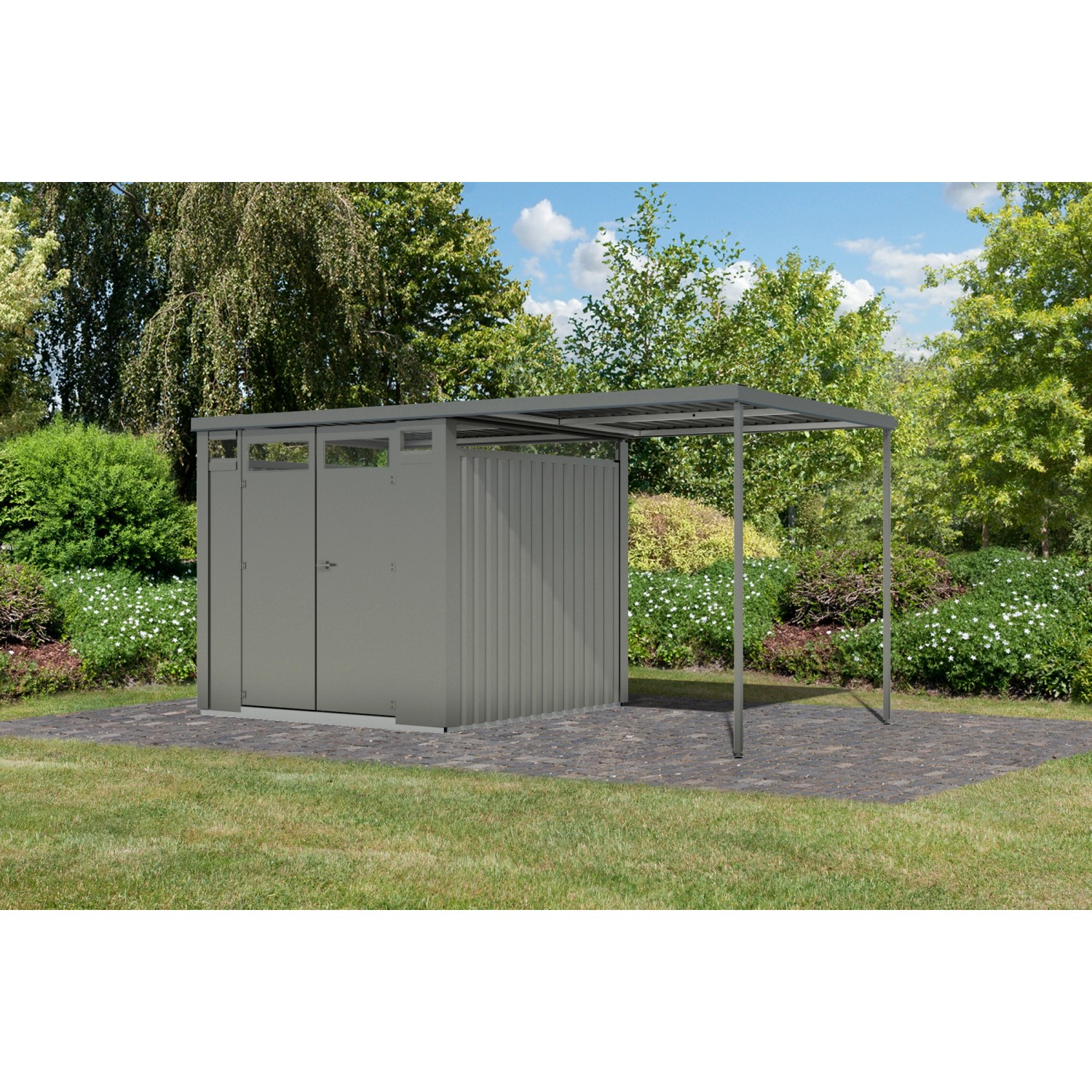 Karibu Gartenhaus Amato 2 m. Anbaudach Graualuminium 218 x 231 x 229 cm günstig online kaufen