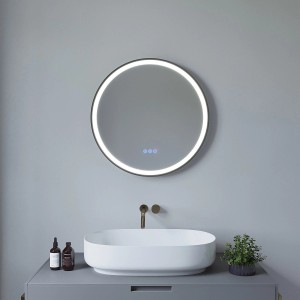 Runder LED-Wandspiegel, 60 cm, mit Touchschalter, 3 Lichtfarben, dimmbar, Antibeschlag, schwarzer Rahmen.