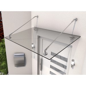 Modernes Vordach PH aus Echtglas und Edelstahl über einer Haustür.