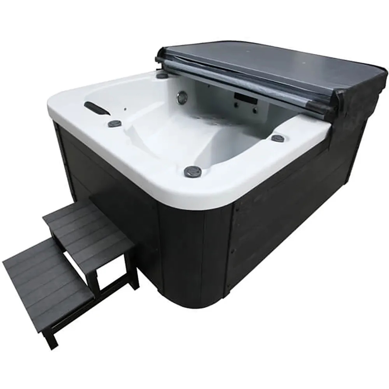 Home Deluxe Outdoor Whirlpool White Marble mit Treppe und Thermoabdeckung.