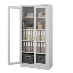 Grauer JAN NOWAK Aktenschrank AMELIA mit Glastüren, verstellbaren Böden und Schloss für Büro.
