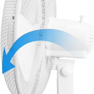 Detailaufnahme: Weißer Emerio Standventilator (125 cm) mit blauer Drehbewegung.