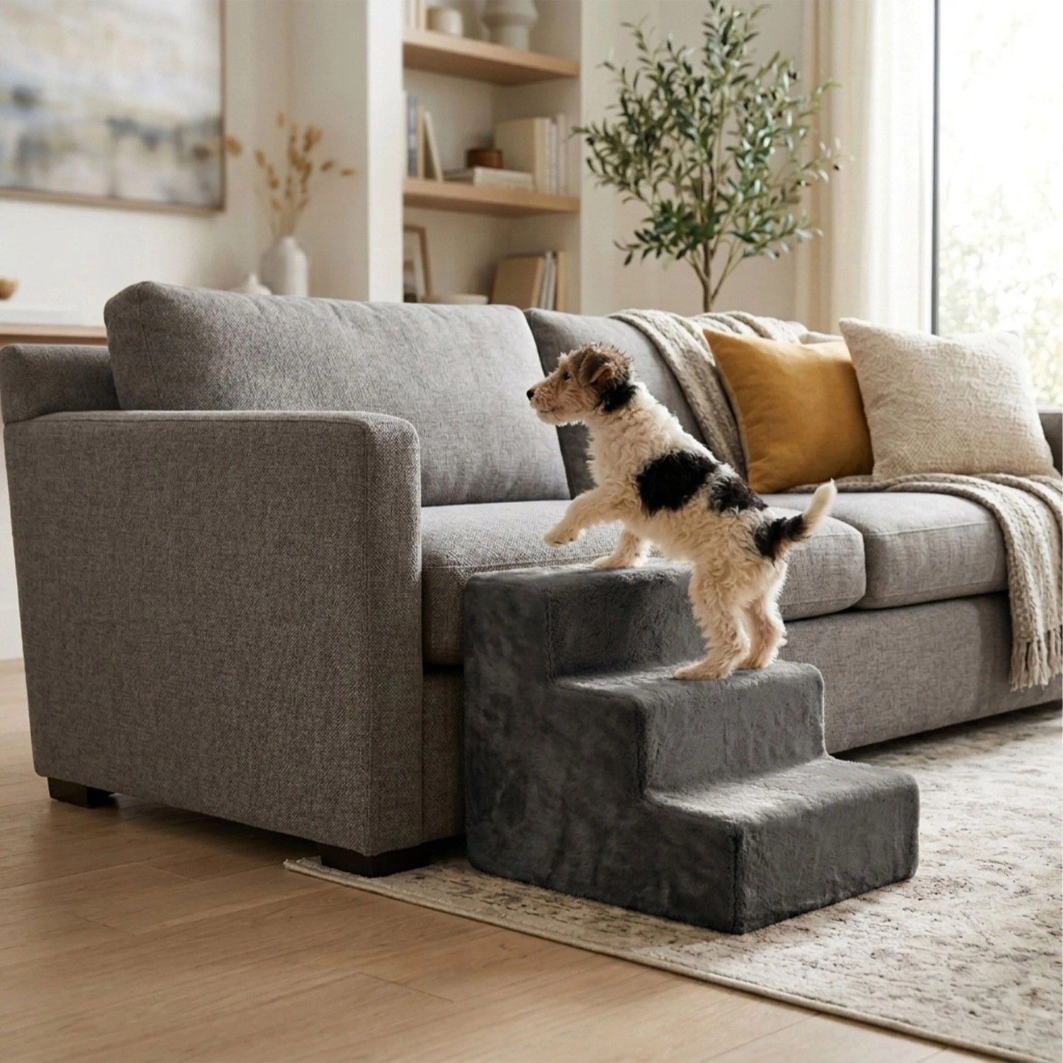 Graue 3-stufige Hundetreppe aus MDF/Polyester. Hund nutzt Aufstiegshilfe zur Couch. Gelenkschonend für Haustiere.