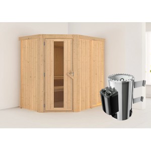 Karibu Sauna Silva mit Ofen und integrierter Steuerung aus Naturholz.