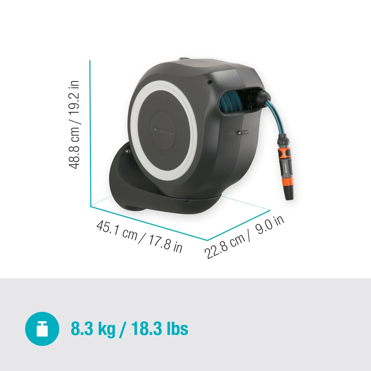 Gardena Wand-Schlauchbox RollUp M mit 20m Schlauch, schwenkbar, mit Schlauchführung und Spritze.