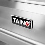 Detailaufnahme: Taino Platinum Gasgrill, Edelstahl, mit Taino Logo.