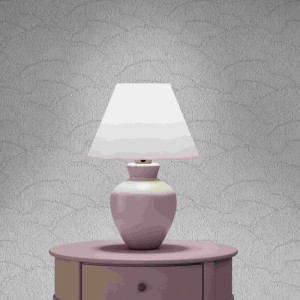 Weiße Tadessi Vliestapete Mauro Grafik mit feinem, wellenförmigem Muster. Eine rosa Lampe steht davor.