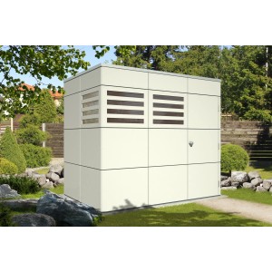 Modernes, telegraues Skan Holz Gartenhaus Melbourne mit Flachdach und Lüftungselementen.