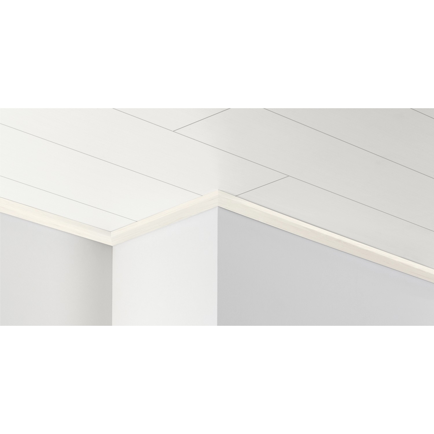 Parador Dekordeckenleiste Dal 3 Hickory, geweißt, an Decke und Wand montiert.