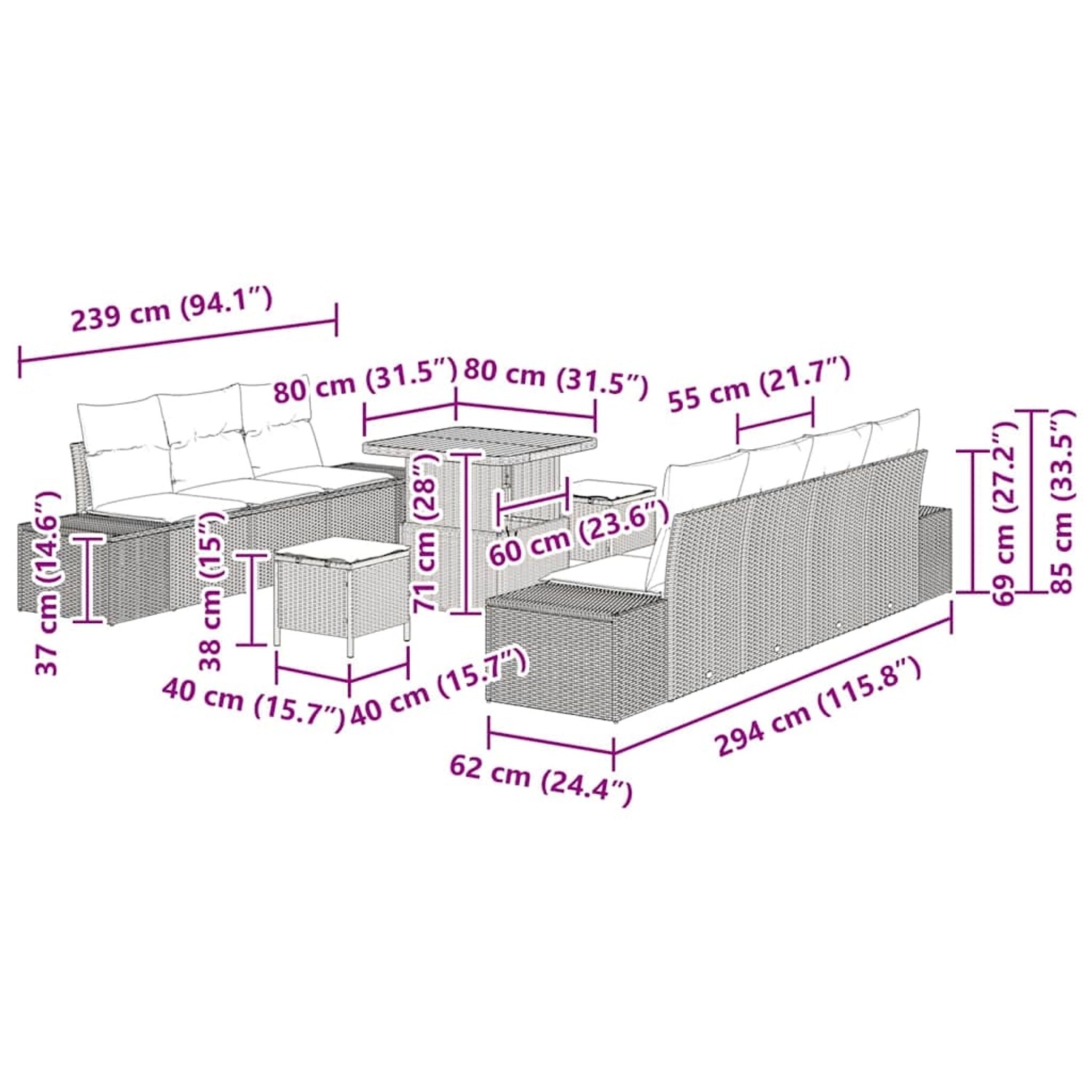 vidaXL Garten-Sofa-Set, 10-teilig, schwarz, Poly Rattan. Gartenmöbel mit Tisch, Sofas und Hockern.