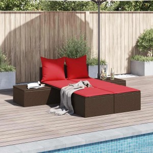 vidaXL Doppelte Sonnenliege mit Kissen Braun Poly-Rattan 368395