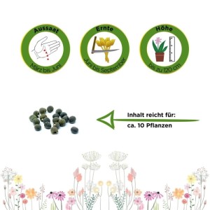 Okra Clemson Spineless Samen mit Infos zu Aussaat (März-Juni), Ernte (Juni-Sept), Höhe (bis 120cm) und ca. 10 Pflanzen.