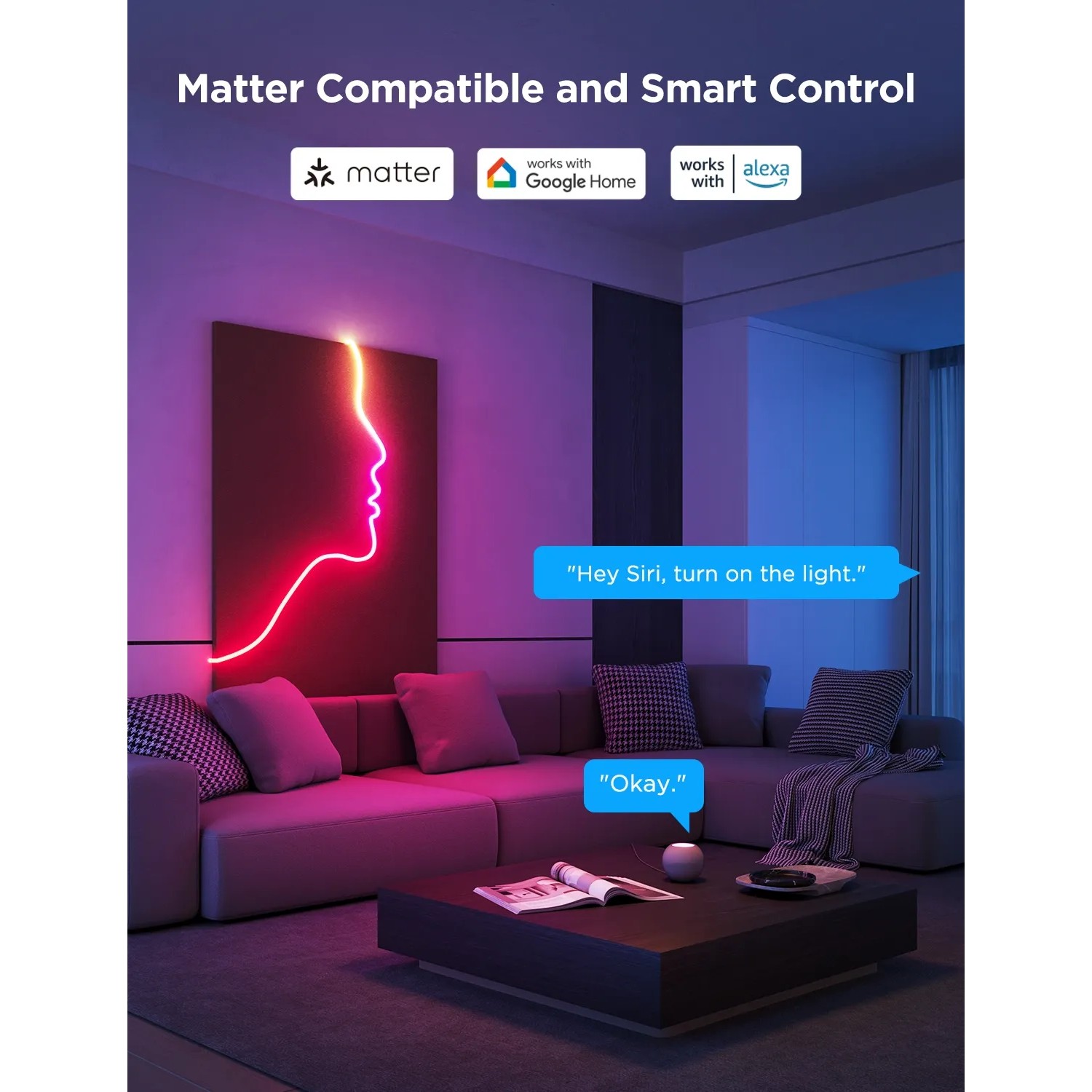 Govee Neon Lichtschlauch als Gesicht an Wand, steuerbar per App und Sprachassistent.