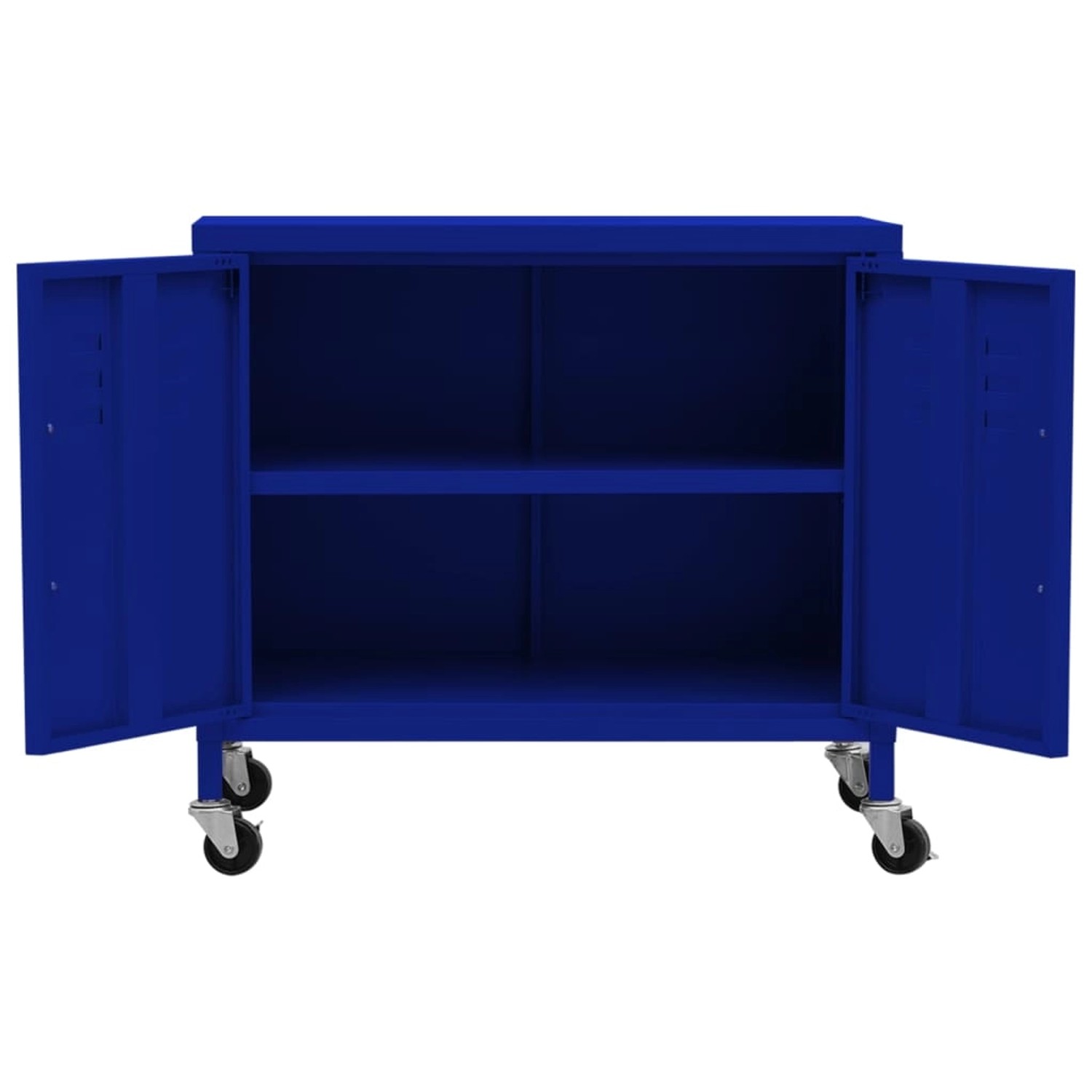 Marineblauer Büroschrank aus Stahl mit Rollen und offenen Türen. Lagerschrank vidaXL, 60x35x56 cm.