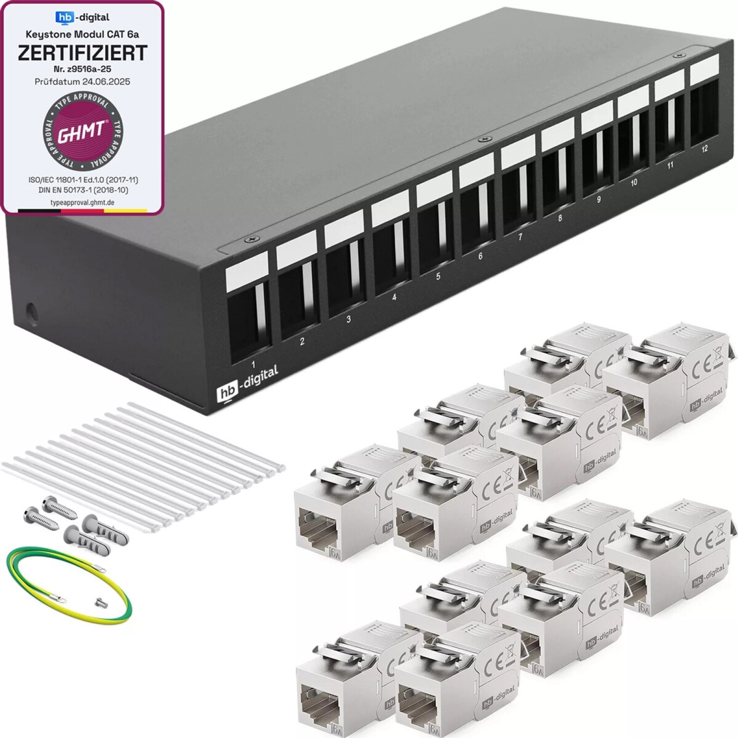 hb-digital Patchpanel 12 Port mit 12x Keystone Module Cat 6a Schwarz