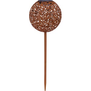 Rostfarbene Globo LED Solar-Kugel Leuchte mit Dekogeflecht und Erdspieß, 54cm hoch.
