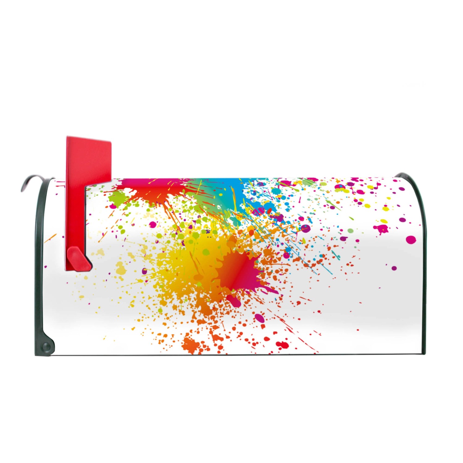 Grüner Banjado US Briefkasten mit bunten Farbspritzern und roter Fahne.