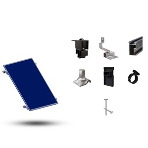 SolMount Montageset für Schrägdach mit Modul, schwarz eloxiert, inklusive Befestigungsmaterial.