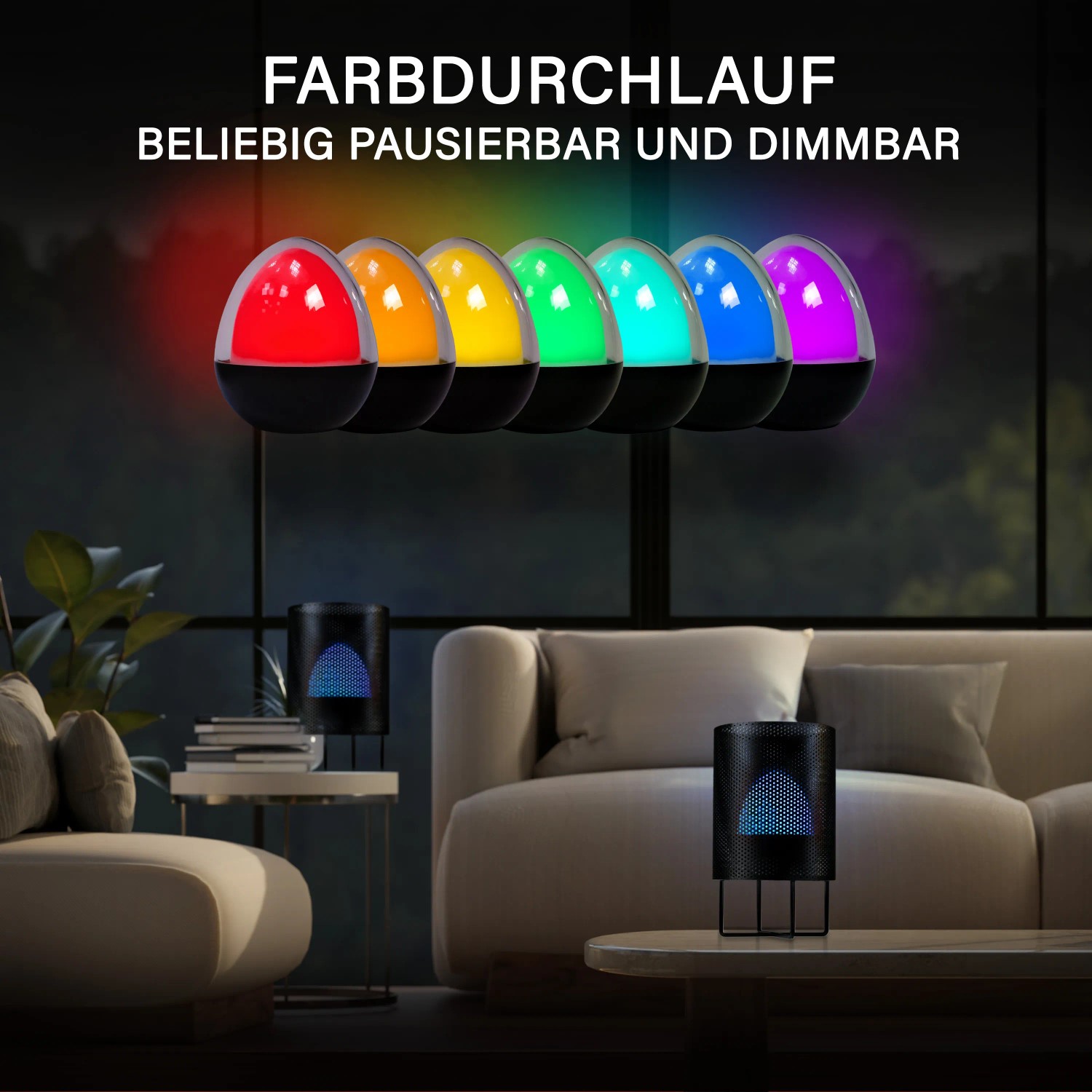 MegaLight LED-Tischleuchte Ovo Dot mit Farbwechsel und Dimmfunktion in Wohnraum-Szene.
