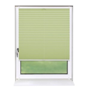 Hellgrünes Deco-Raum Plissee Basic 100x150 cm am Fenster, blickdicht und ohne Bohren montiert.
