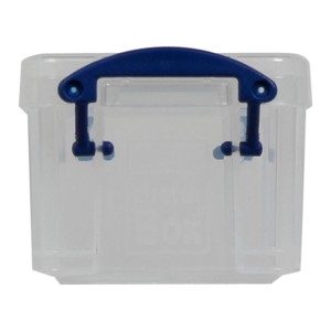 Transparente Clipbox 0,14l mit blauem Verschluss, ideal zur Aufbewahrung von Kleinteilen.