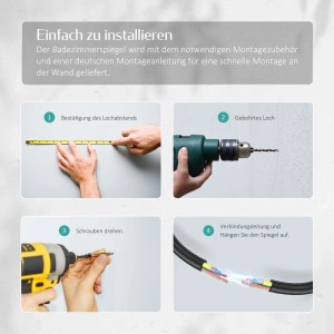 Montageanleitung für Emke LED Badspiegel: Lochabstand messen, bohren, Schrauben drehen, Spiegel aufhängen.