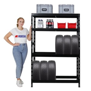 Schwarzes PROREGAL Reifenregal Tiger mit Reifen und Ablagefächern. Ideal für Garage und Werkstatt.