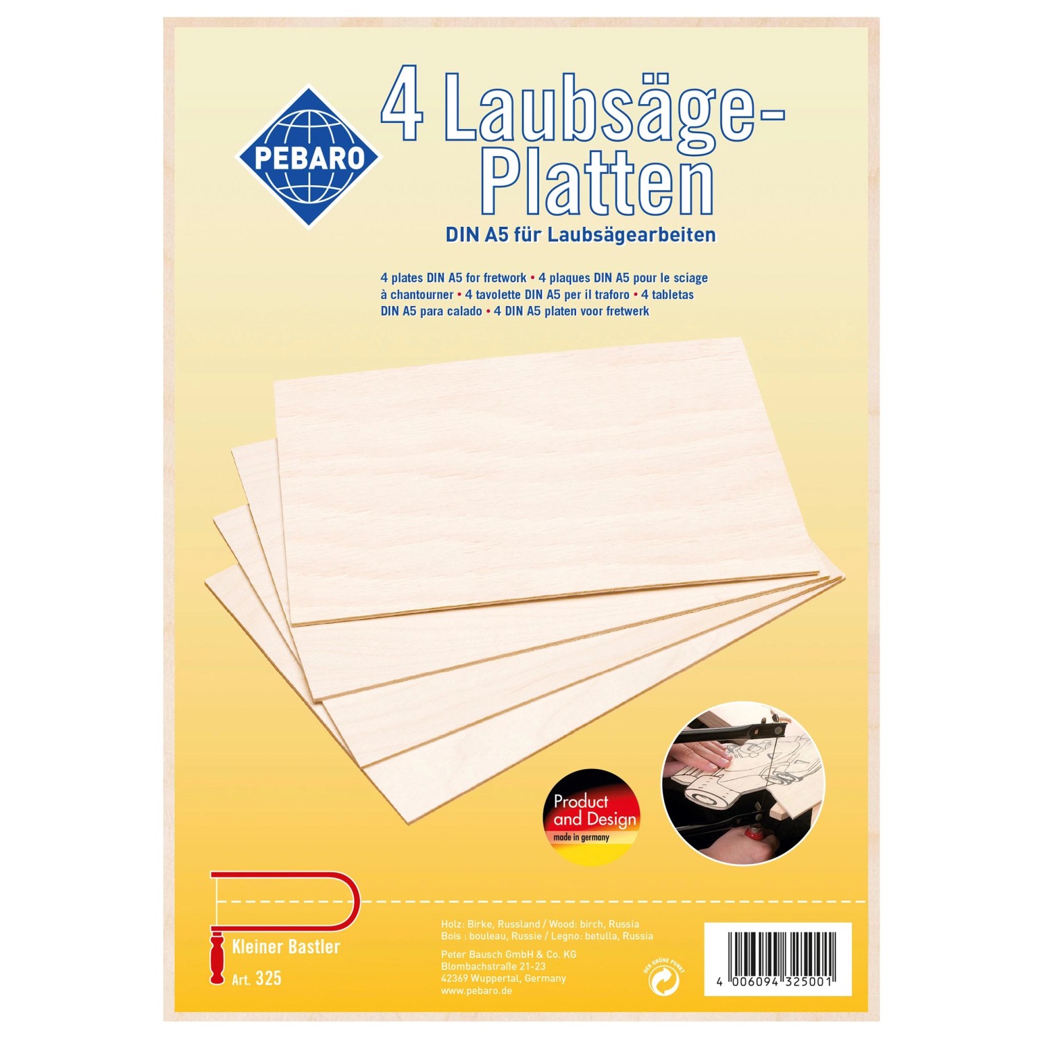 Pebaro Laubsägeplatten, 4 Stück, A5 Birke, für Handwerk und Bastelarbeiten.