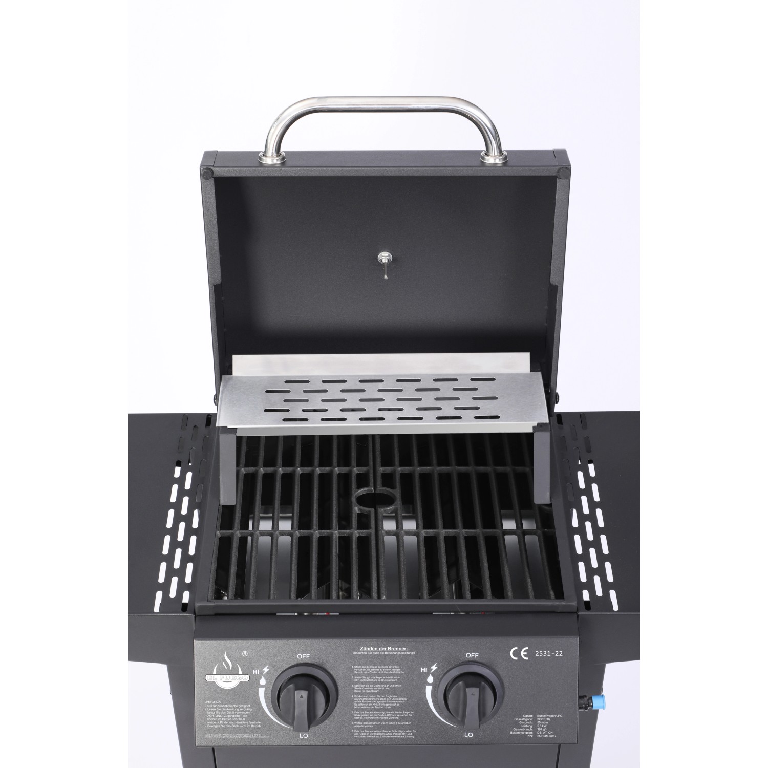 El Fuego Gasgrill San Jose mit offenem Deckel, gusseisernem Grillrost und zwei Brennern.