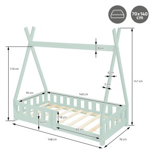 ML-Design Kinderbett Tipi 70x140 cm in Mint mit Rausfallschutz und Lattenrost.
