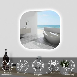 Quadratischer Badspiegel mit LED-Beleuchtung, Touch- und Wandschalter, dimmbar, 60 cm.