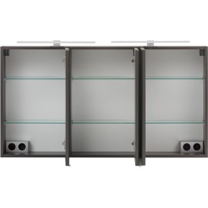 Offener Held Möbel 3D-Spiegelschrank Trient 120 cm in Graphitgrau mit Glasböden und Beleuchtung.