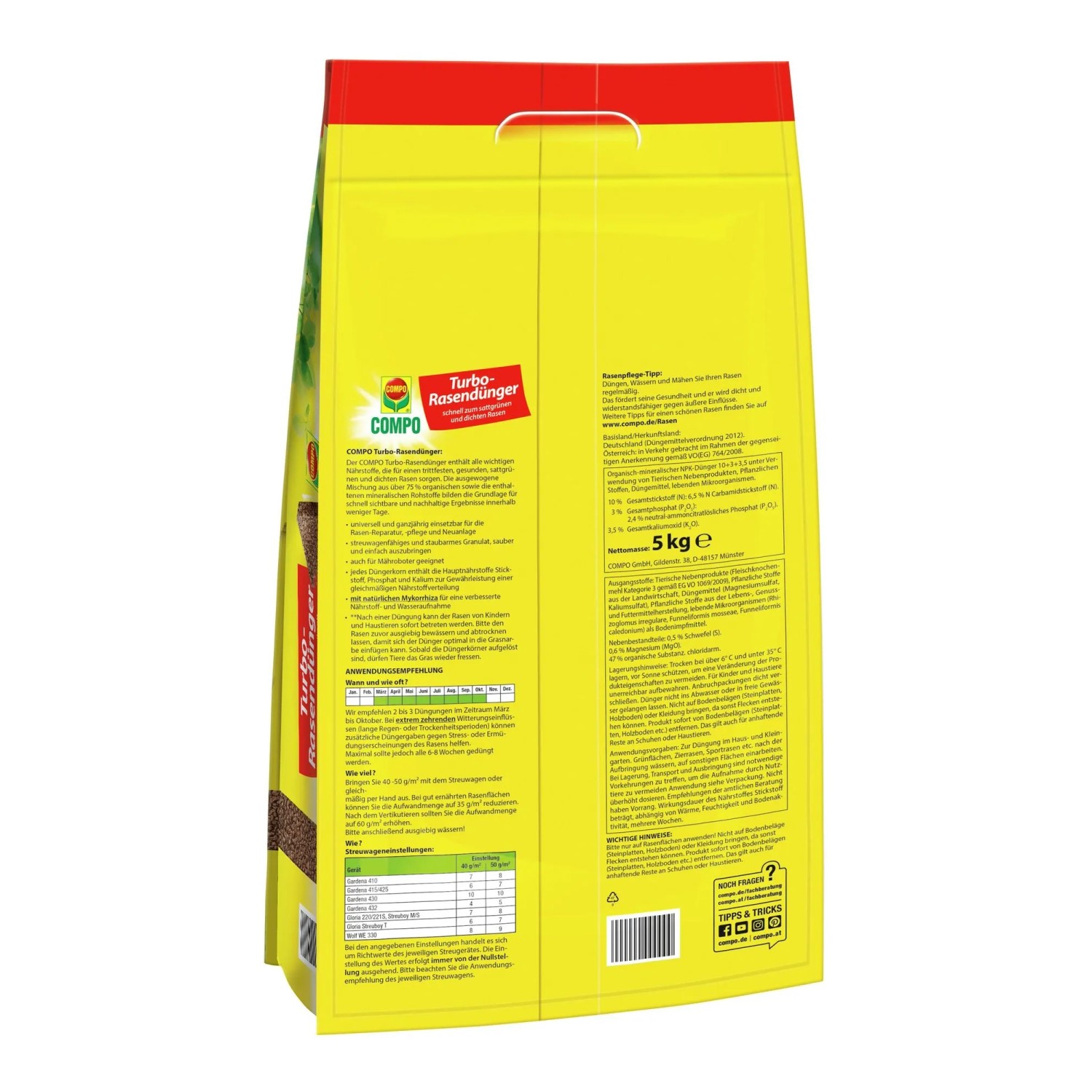 Gelber Compo Rasendünger Turbo 5 kg Beutel mit Produktinformationen. Organischer Dünger für schnelles Rasenwachstum.