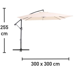 Beiger Ampelschirm Alvarado, 300x300 cm, mit Kurbel und stabilem Standfuß für Garten oder Terrasse.