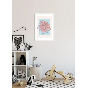 Poster Rose in Rosa und Blau, 50x70 cm, im weißen Rahmen. Wanddeko für Kinderzimmer.