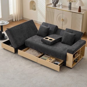 Graues Merax Schlafsofa aus Chenille mit viel Stauraum, ausziehbaren Schubladen und Getränkehalter. Modernes Modulsofa.
