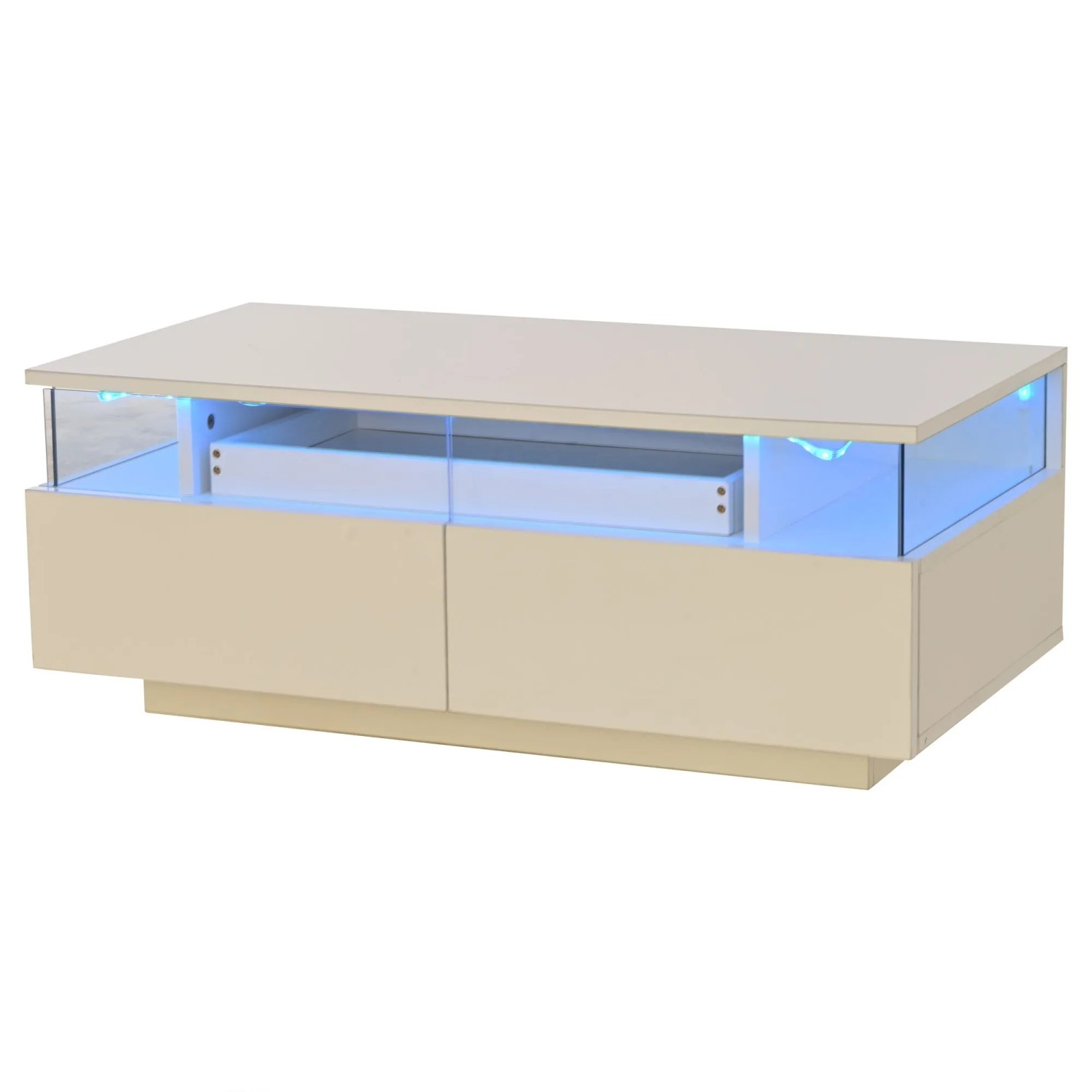 Merax Couchtisch Hochglanz mit LED 2 Schubladen Glasplatte Weiß