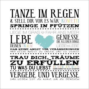 Leinwandbild mit blauem Herz und Motivationssprüchen, 27x27 cm. Wanddeko für positive Vibes.