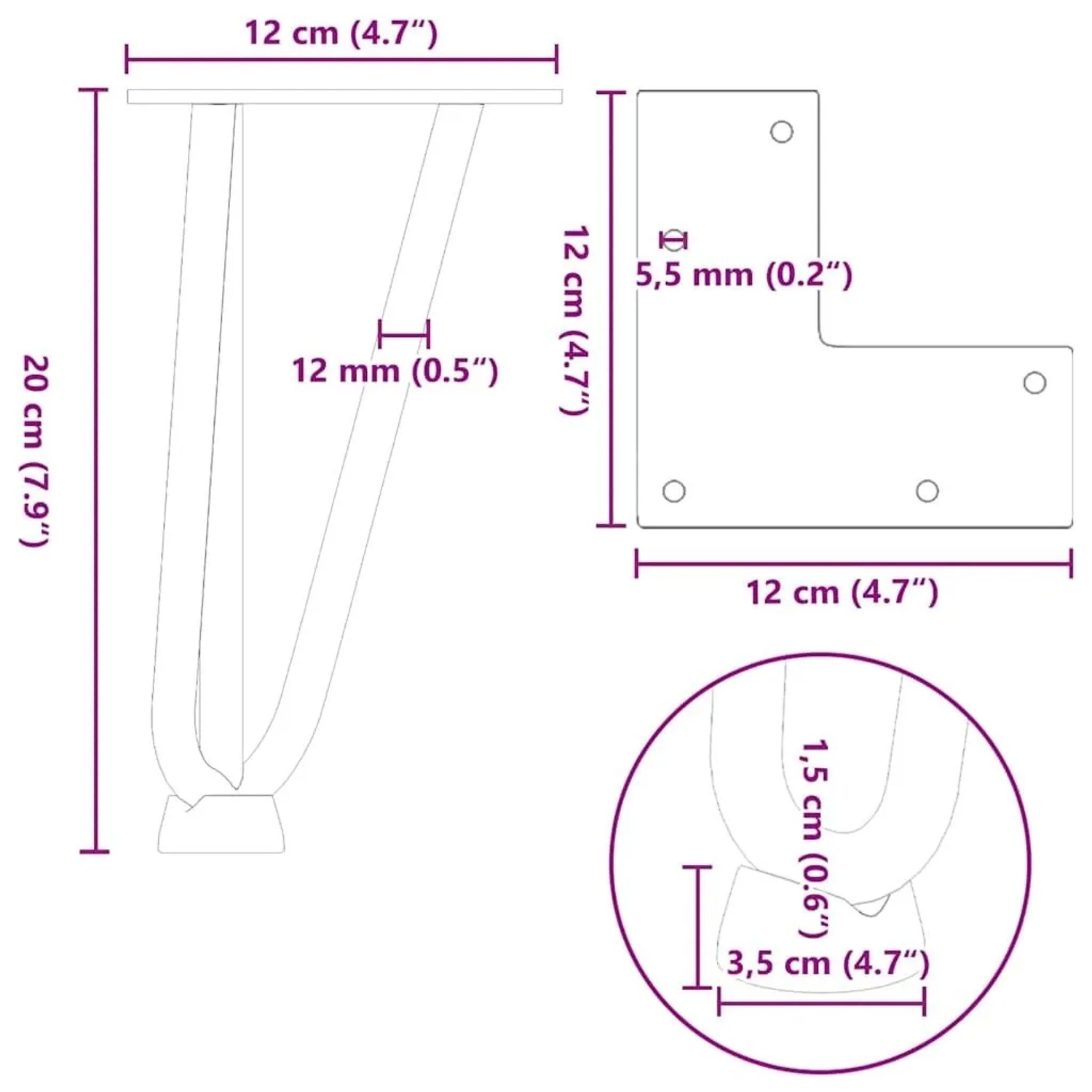 vidaXL Haarnadelbeine, 4 Stk., schwarz, 20cm, aus Stahl, Maße und Details.