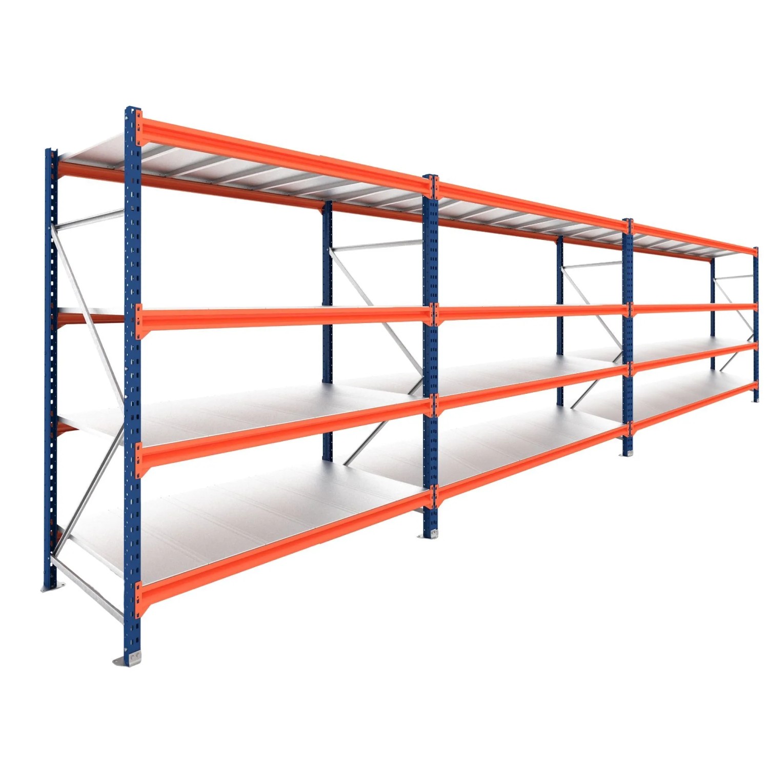 PROREGAL Weitspannregal Schwerlastregal DOMINUS Komplettregal 3 Felder 200x720x100cm 4 Ebenen Stahlplatten-Fachboden Fachlast 332 kg Blau/Orange
