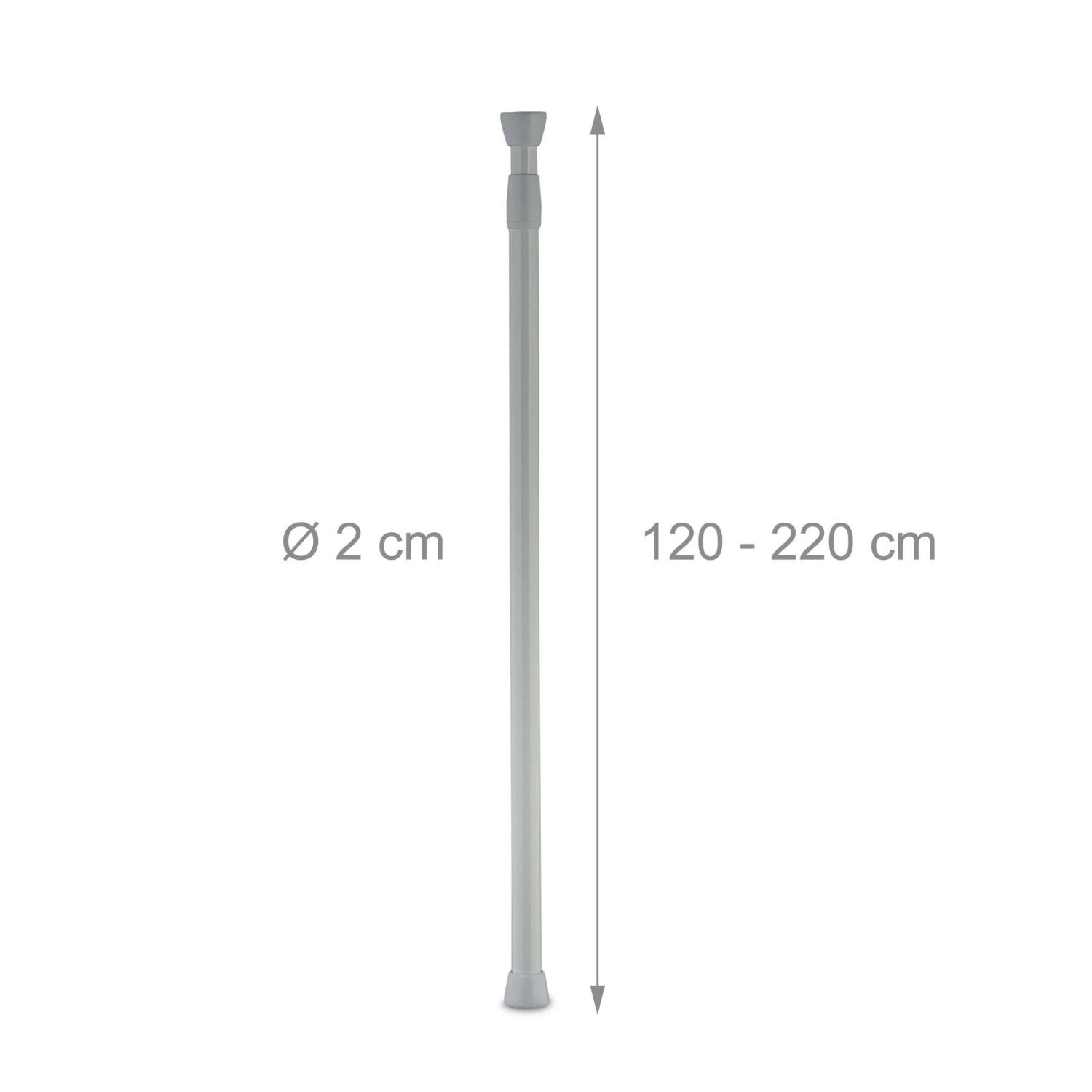 Graue Edelstahl Teleskopstange, verstellbar 120-220 cm, Ø 2 cm. Klemmstange für Duschvorhang.