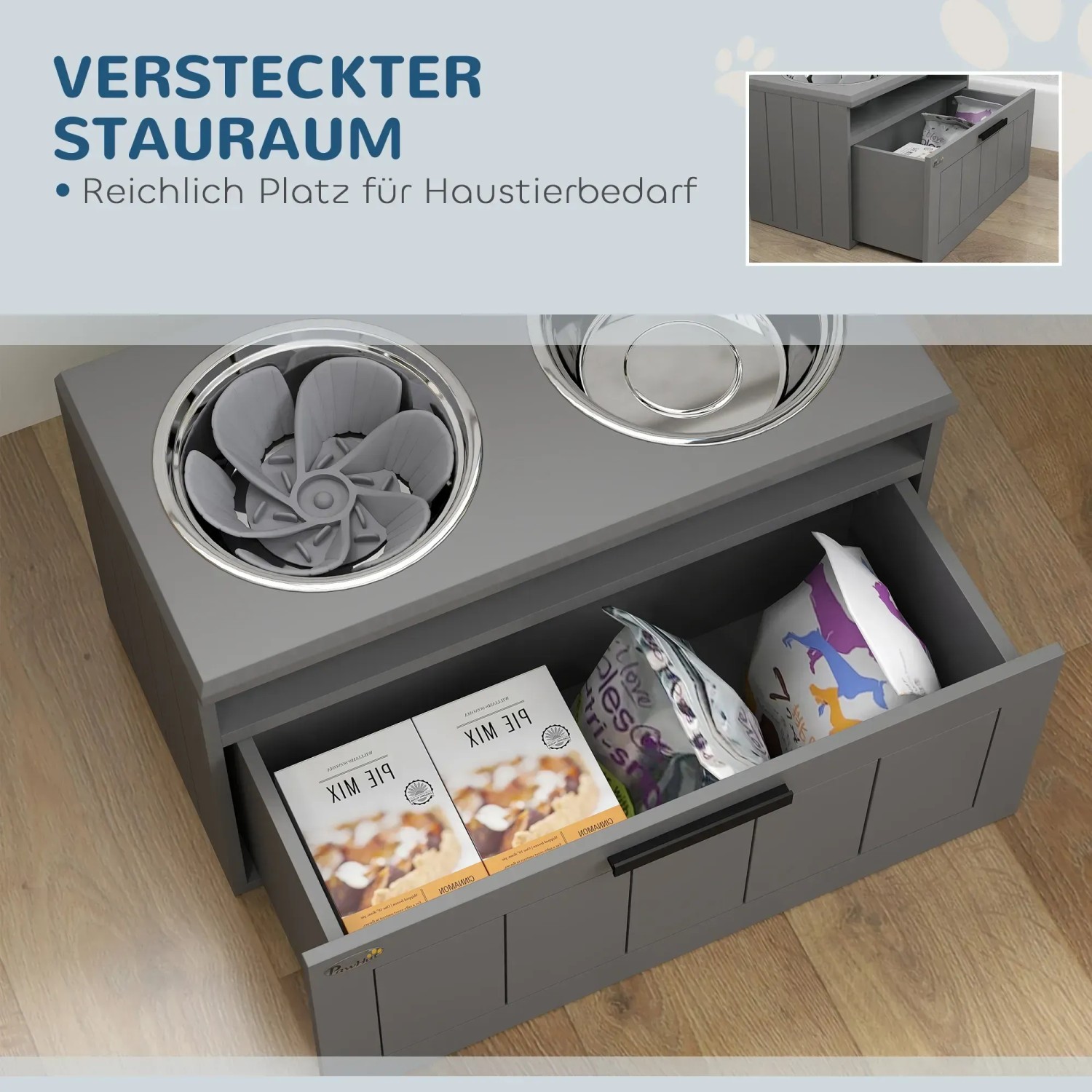 Graue PawHut Futterstation mit Hundenäpfen und Schublade für Futter, von oben fotografiert.