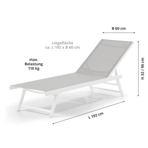 Leco Sonnenliege Elina, lichtgrau/weiß, mit Maßangaben zu Liegefläche, Höhe, Breite und Länge.