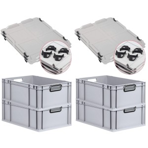 PROREGAL SuperSparSet 4x Eurobox Nextgen Color Mit Auflagedeckel HxBxT 22x40x60cm 44 Liter Grau Griffe Schwarz Offen Eurobehälter Transportbox