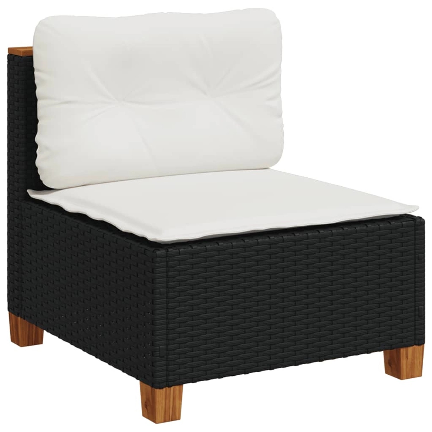 Schwarzes vidaXL Garten-Ecksofa aus Rattan mit cremeweißen Kissen, Teil einer 9-tlg. Garnitur.