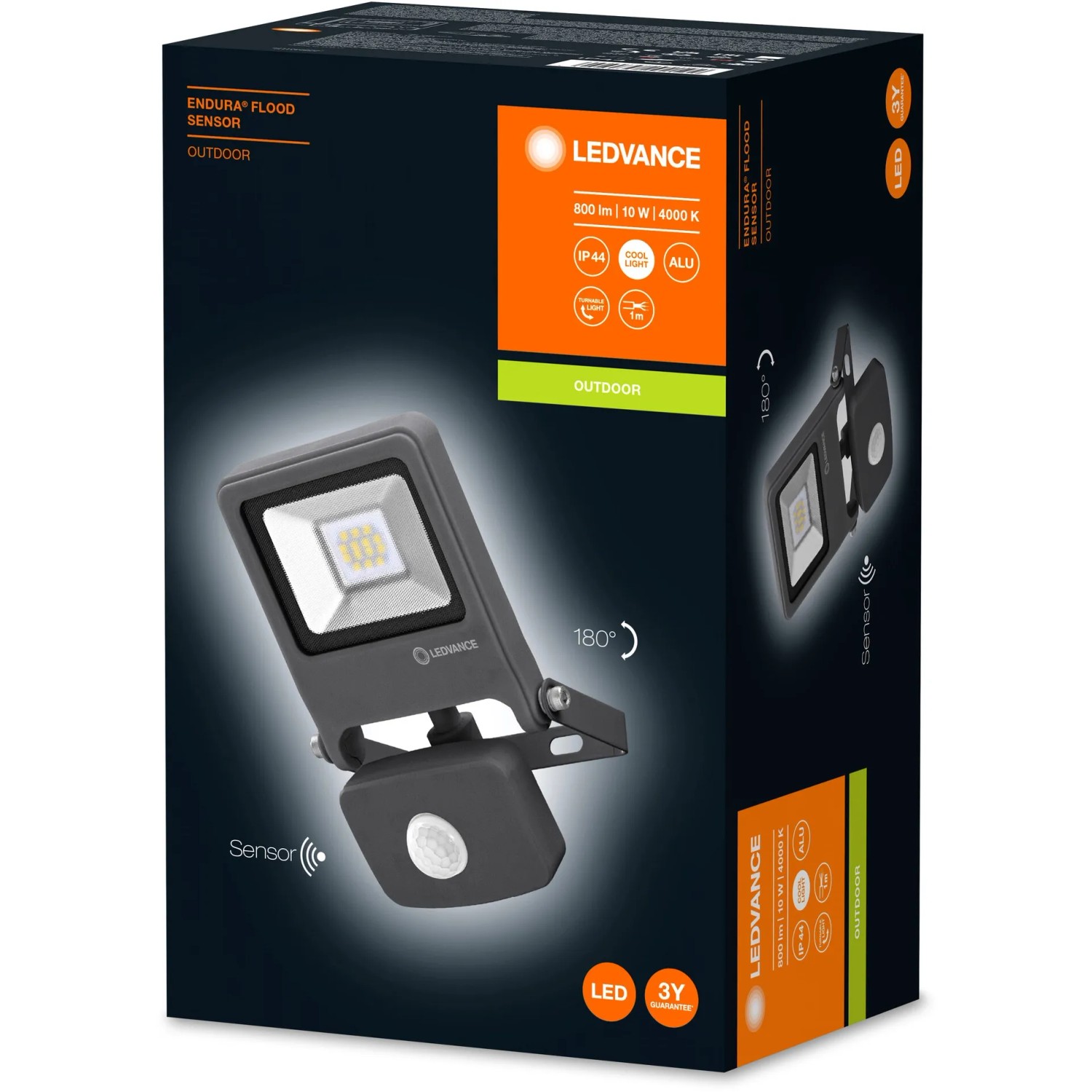 Ledvance LED-Außenstrahler Endura Flood mit Sensor, 10W, 4000K, dunkelgrau, in Produktverpackung.