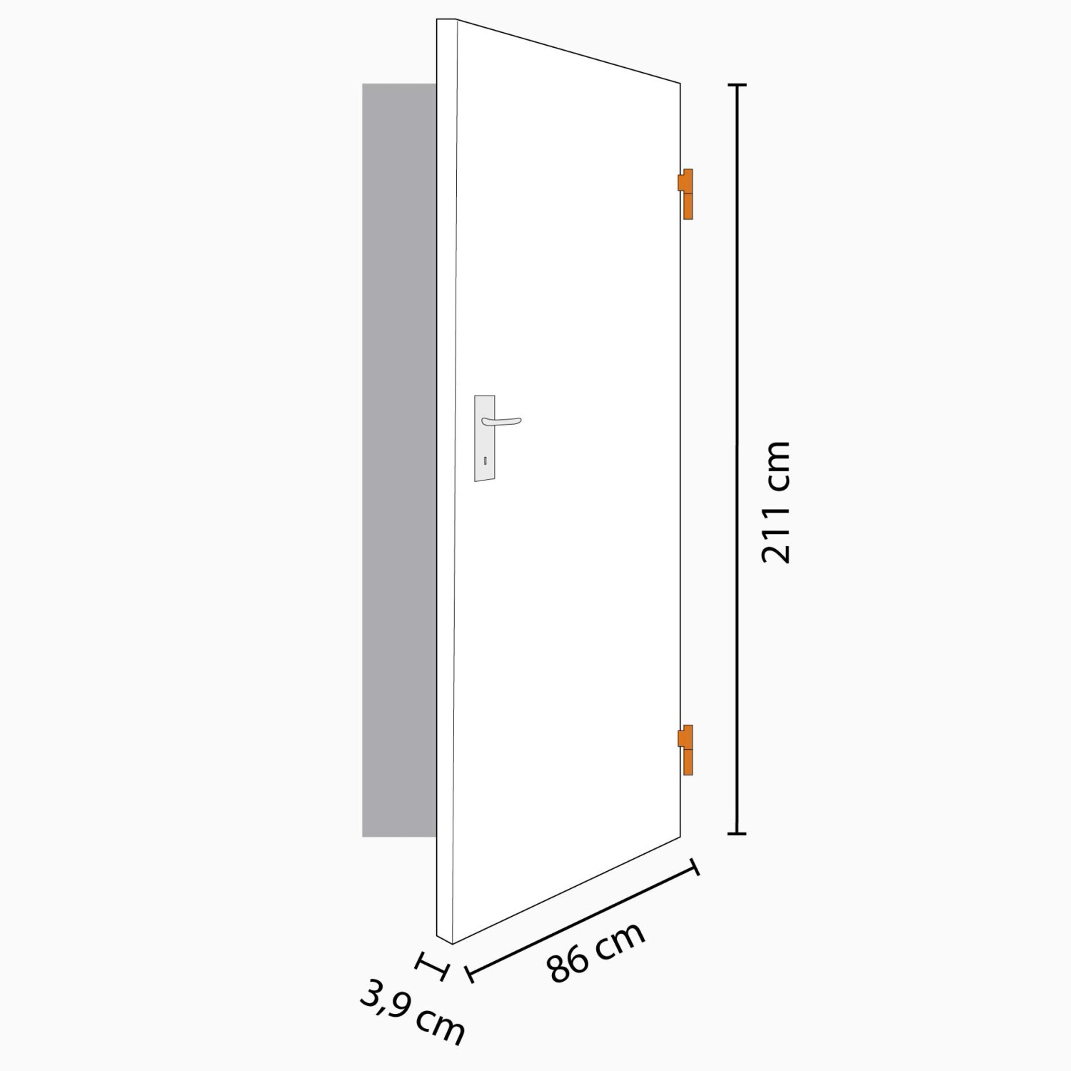 Weiße Zimmertür (86x211cm) mit Anschlag rechts, Detailzeichnung mit Maßen.