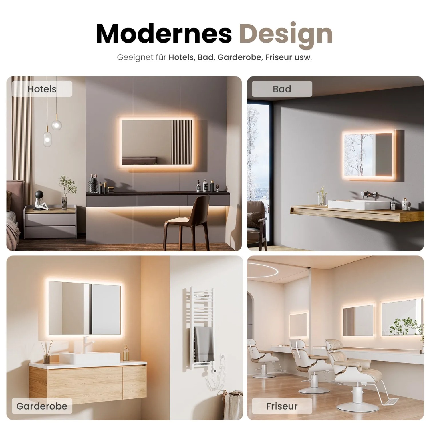 Emke LED Badspiegel in verschiedenen Umgebungen: Bad, Hotel, Friseur, Garderobe.