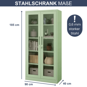 Pastellgrüner DELUKE Vitrinenschrank ELLO mit Glastüren, abschließbar, Maße 185x90x40 cm.