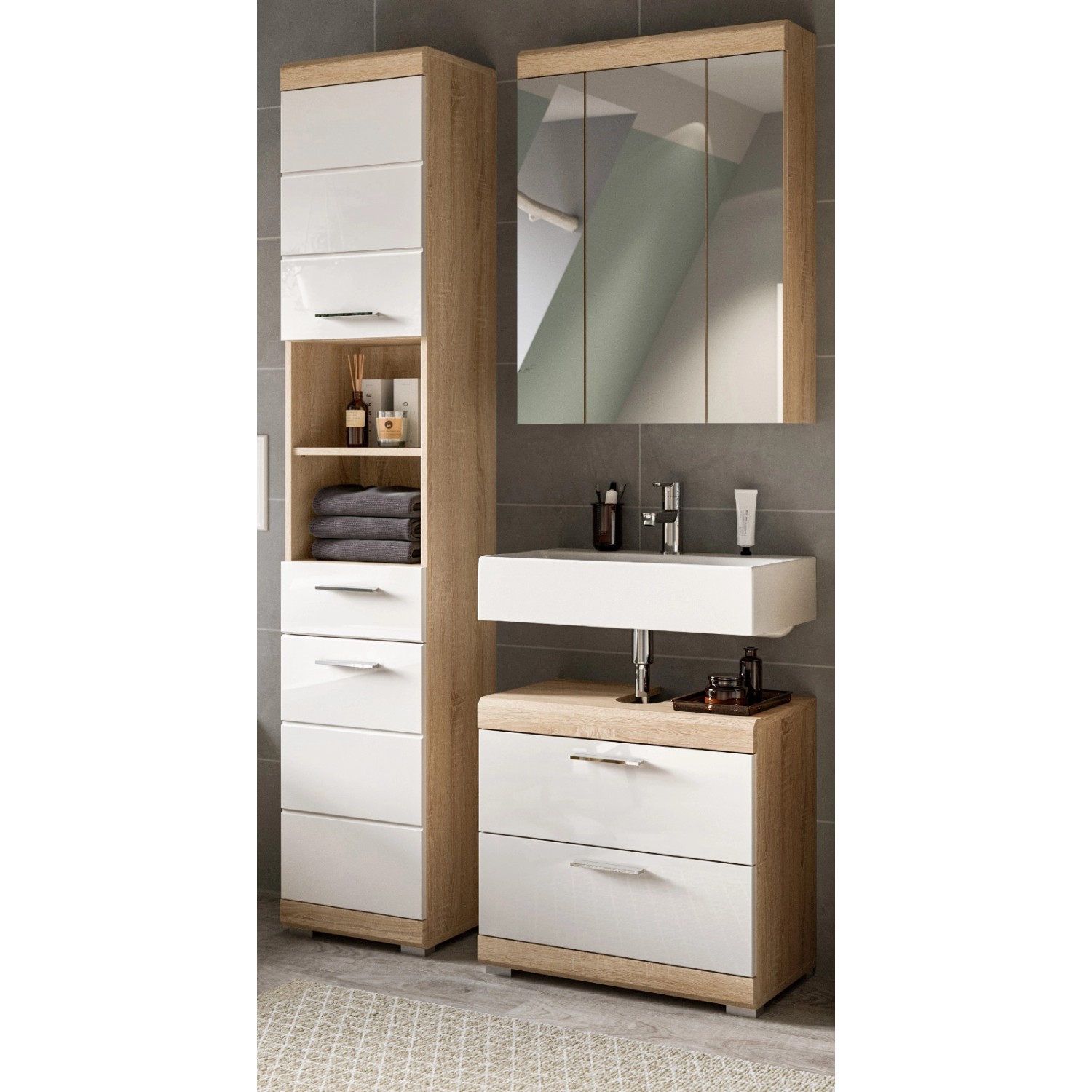 Inn.Furn Badmöbel Set in Weiß Hochglanz und Eiche 3-teilig 112 cm Mambo günstig online kaufen